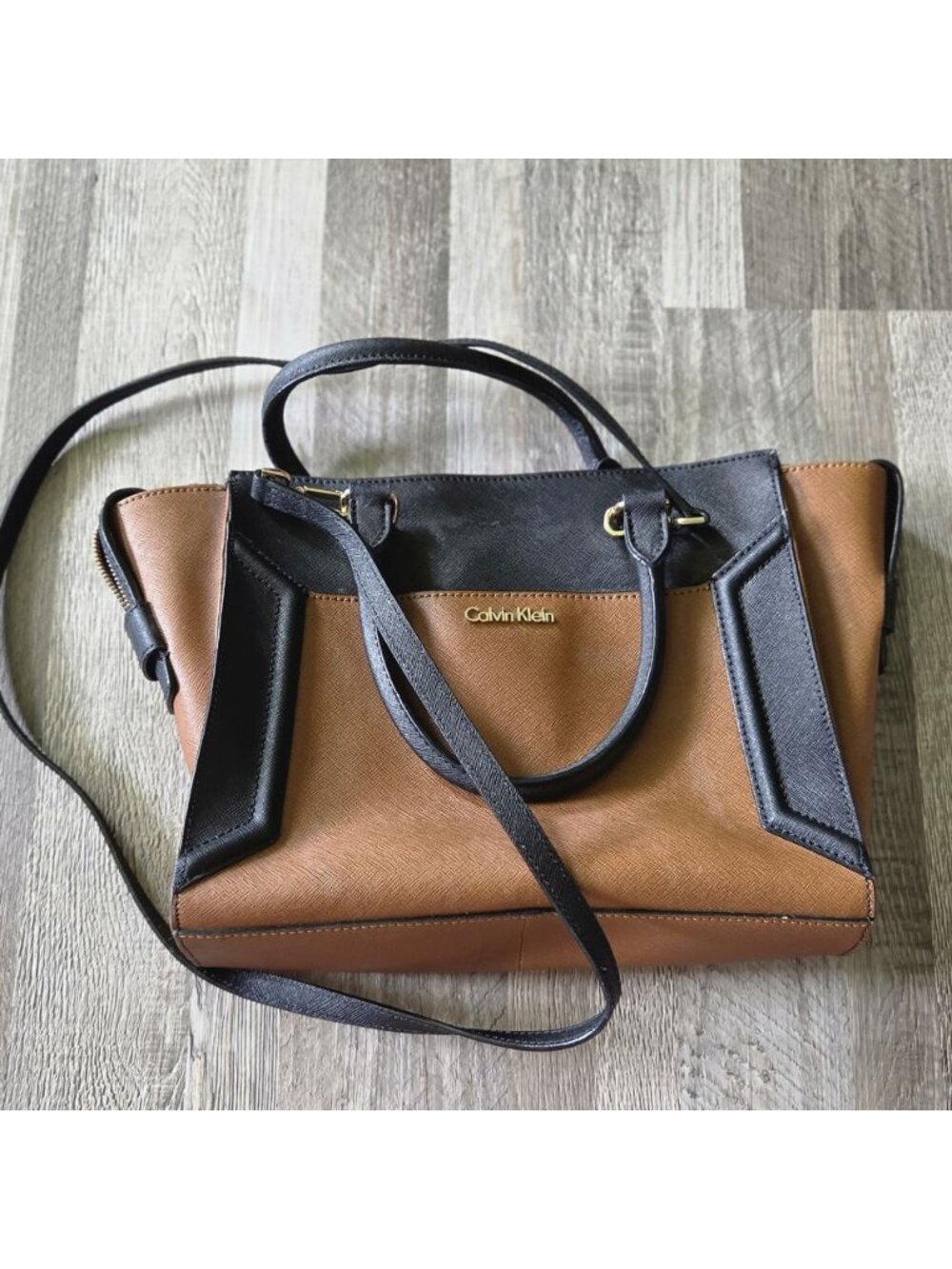 Calvin Klein Saffiano Leather Colorblock Satchel Crossbody‎ Tote Bag Brown